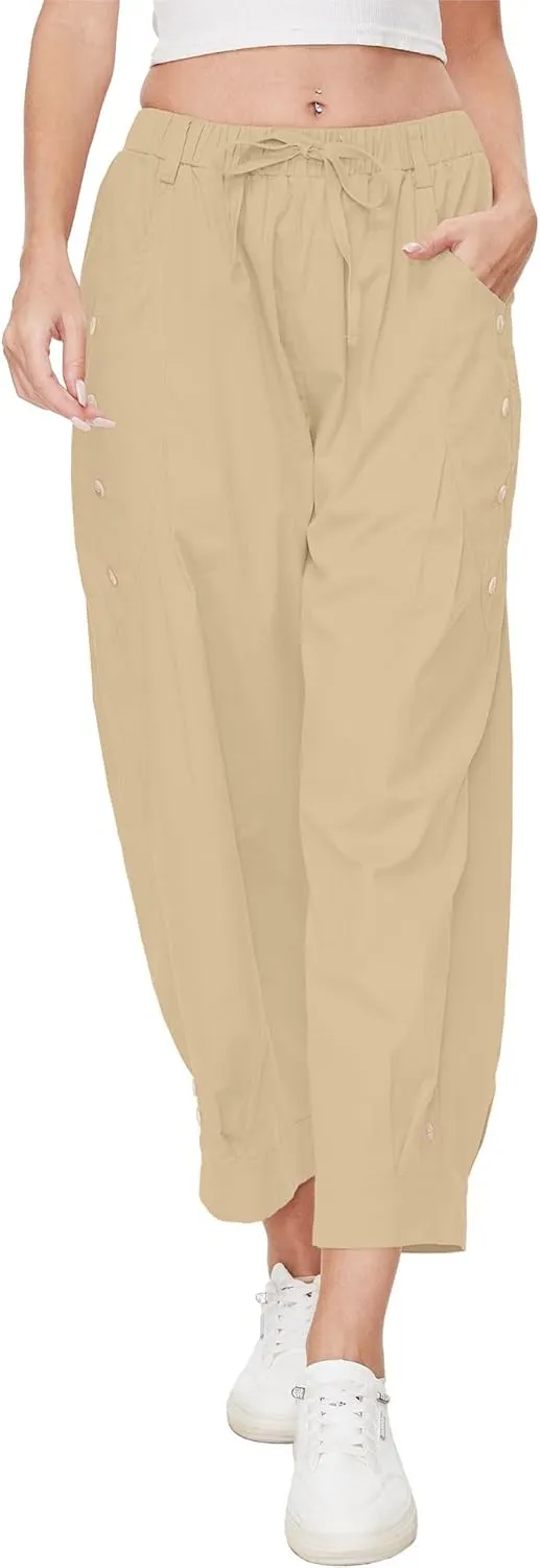 Women Wide Leg Capri Pants Drawstring Elastic Waist Lounge Pants Baggy Cinch Bottom Cropped Trousers with Pockets