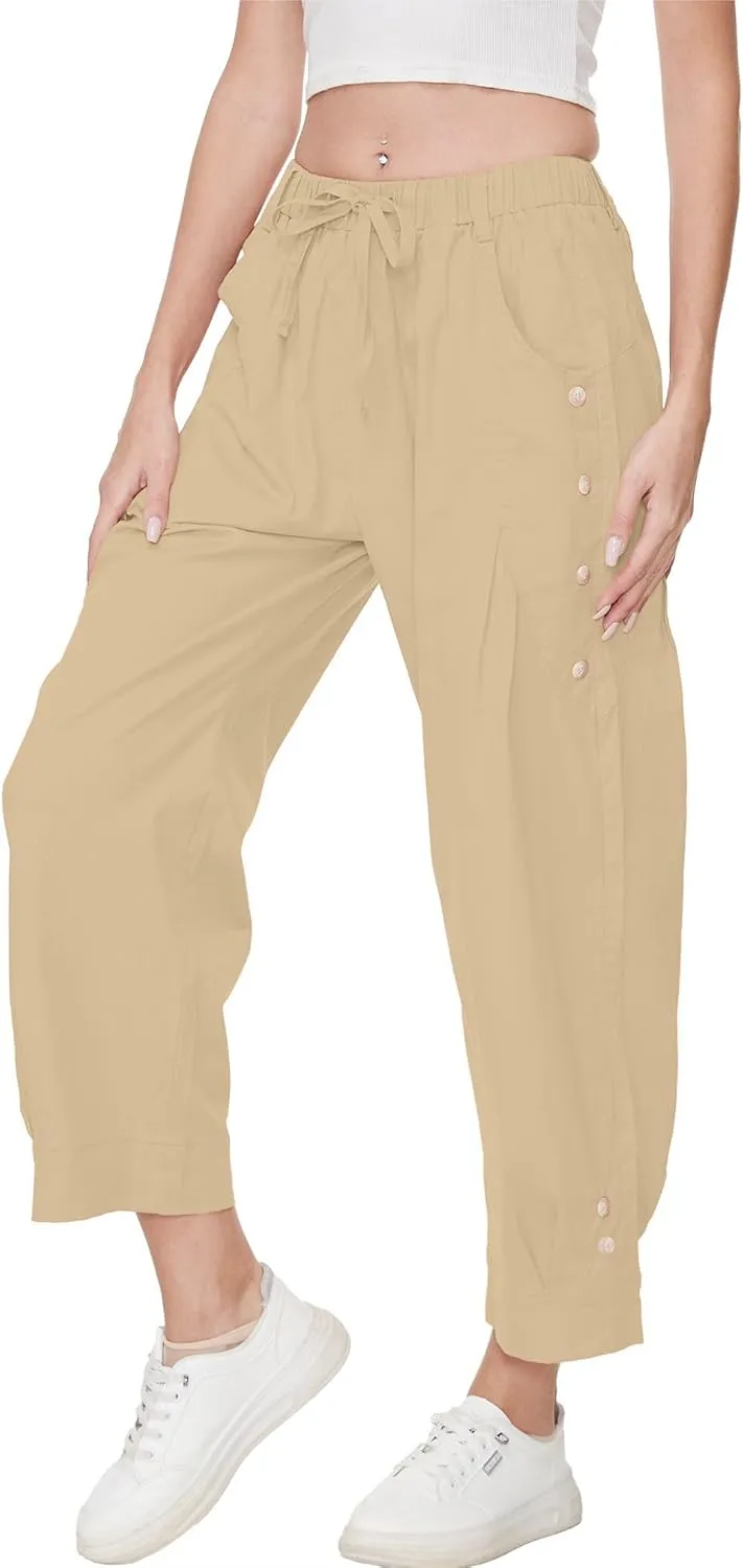 Women Wide Leg Capri Pants Drawstring Elastic Waist Lounge Pants Baggy Cinch Bottom Cropped Trousers with Pockets