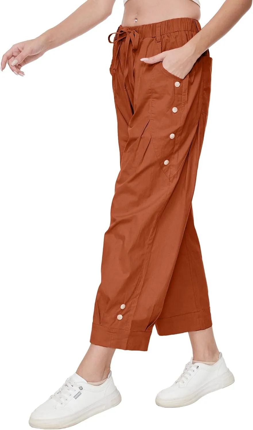 Women Wide Leg Capri Pants Drawstring Elastic Waist Lounge Pants Baggy Cinch Bottom Cropped Trousers with Pockets