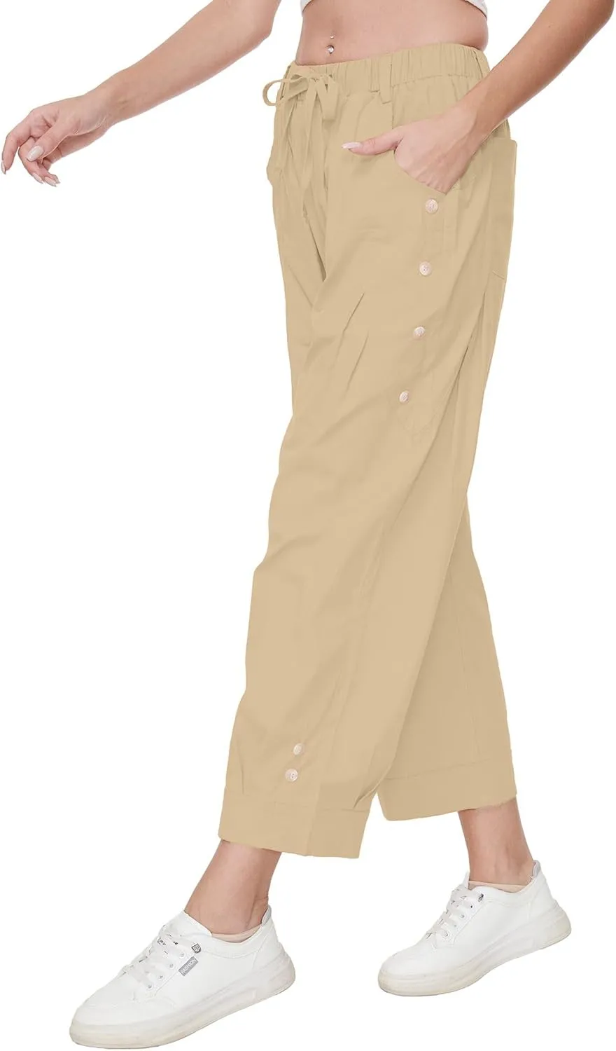 Women Wide Leg Capri Pants Drawstring Elastic Waist Lounge Pants Baggy Cinch Bottom Cropped Trousers with Pockets