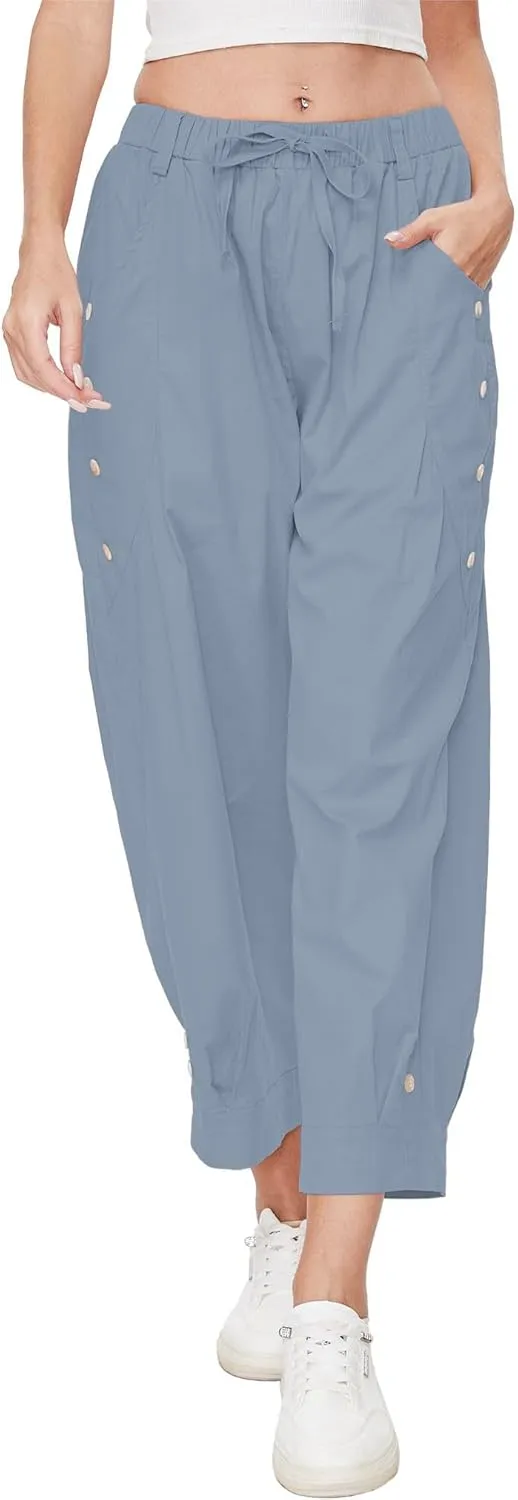 Women Wide Leg Capri Pants Drawstring Elastic Waist Lounge Pants Baggy Cinch Bottom Cropped Trousers with Pockets