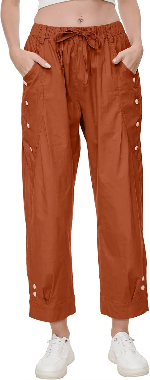 Women Wide Leg Capri Pants Drawstring Elastic Waist Lounge Pants Baggy Cinch Bottom Cropped Trousers with Pockets