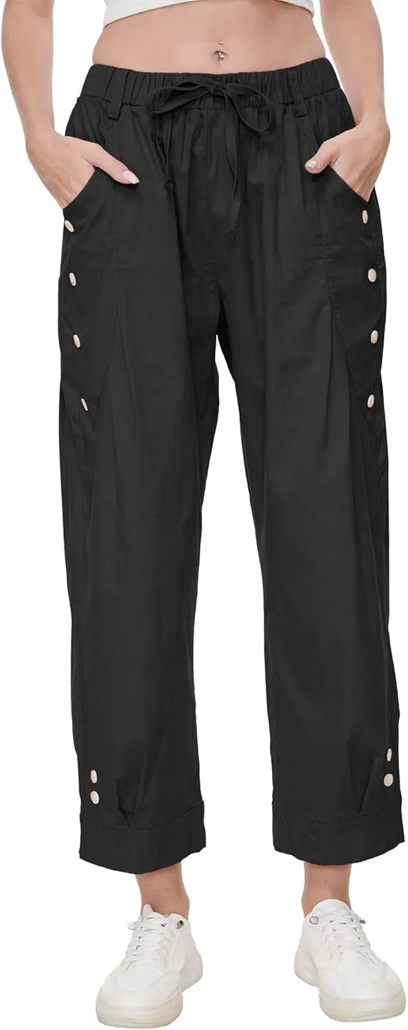 Women Wide Leg Capri Pants Drawstring Elastic Waist Lounge Pants Baggy Cinch Bottom Cropped Trousers with Pockets
