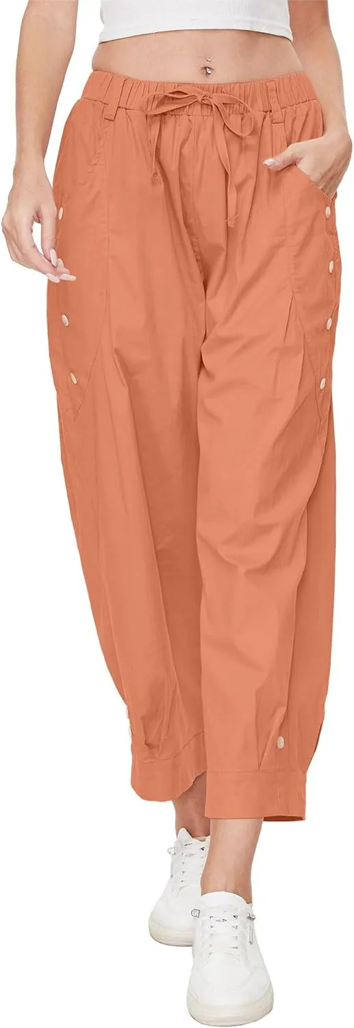 Women Wide Leg Capri Pants Drawstring Elastic Waist Lounge Pants Baggy Cinch Bottom Cropped Trousers with Pockets