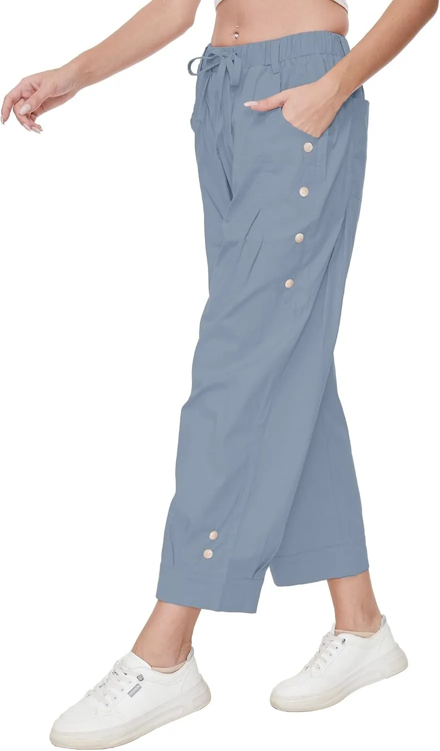 Women Wide Leg Capri Pants Drawstring Elastic Waist Lounge Pants Baggy Cinch Bottom Cropped Trousers with Pockets