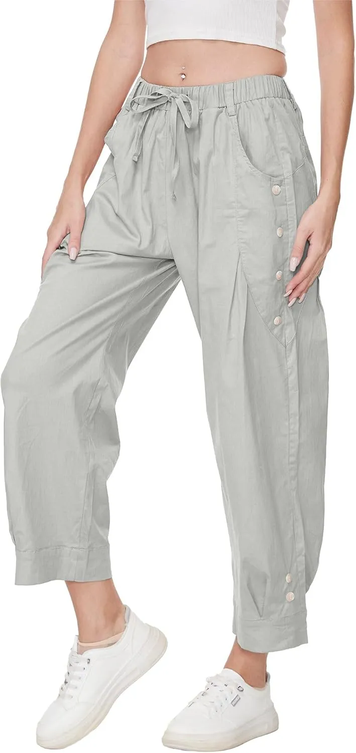 Women Wide Leg Capri Pants Drawstring Elastic Waist Lounge Pants Baggy Cinch Bottom Cropped Trousers with Pockets