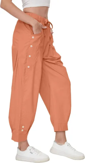 Women Wide Leg Capri Pants Drawstring Elastic Waist Lounge Pants Baggy Cinch Bottom Cropped Trousers with Pockets