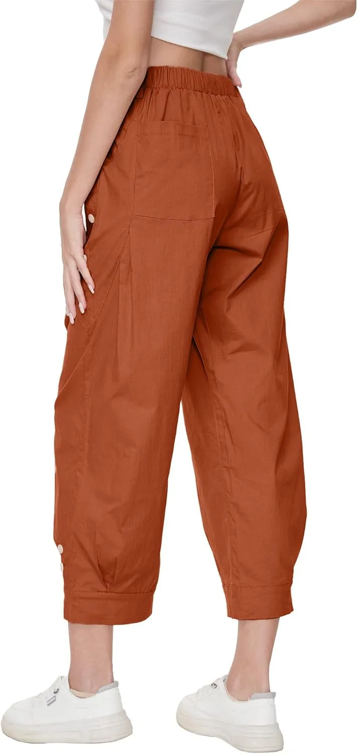 Women Wide Leg Capri Pants Drawstring Elastic Waist Lounge Pants Baggy Cinch Bottom Cropped Trousers with Pockets