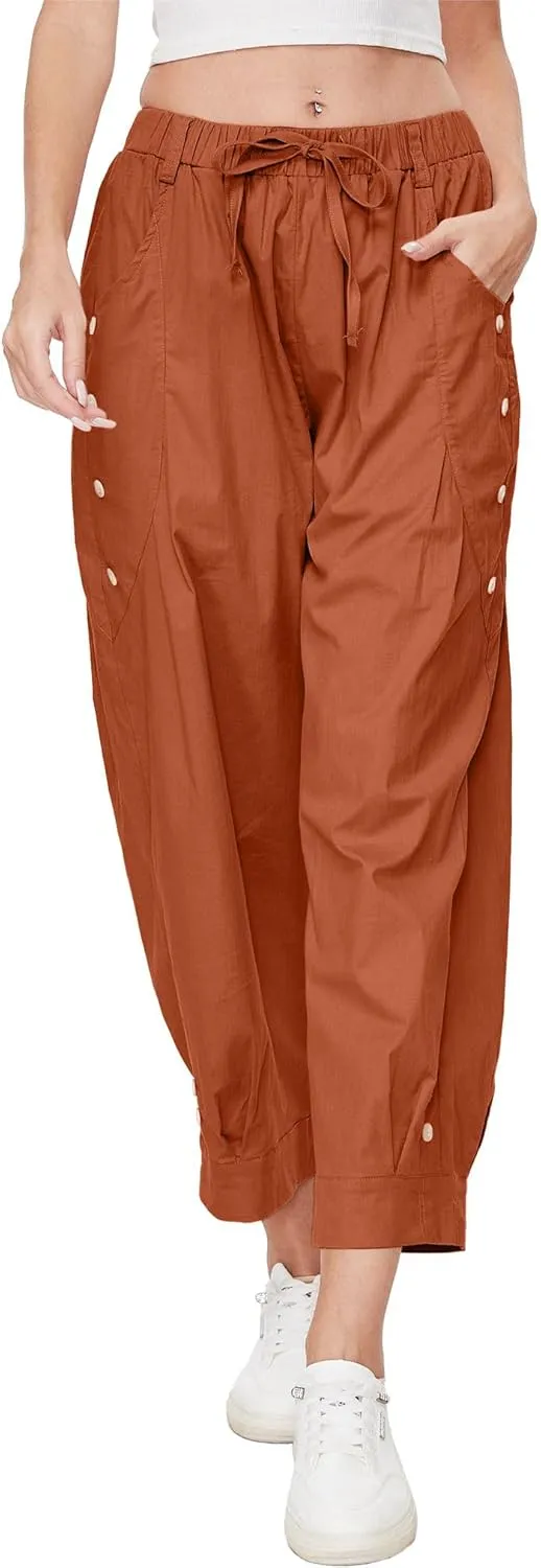 Women Wide Leg Capri Pants Drawstring Elastic Waist Lounge Pants Baggy Cinch Bottom Cropped Trousers with Pockets