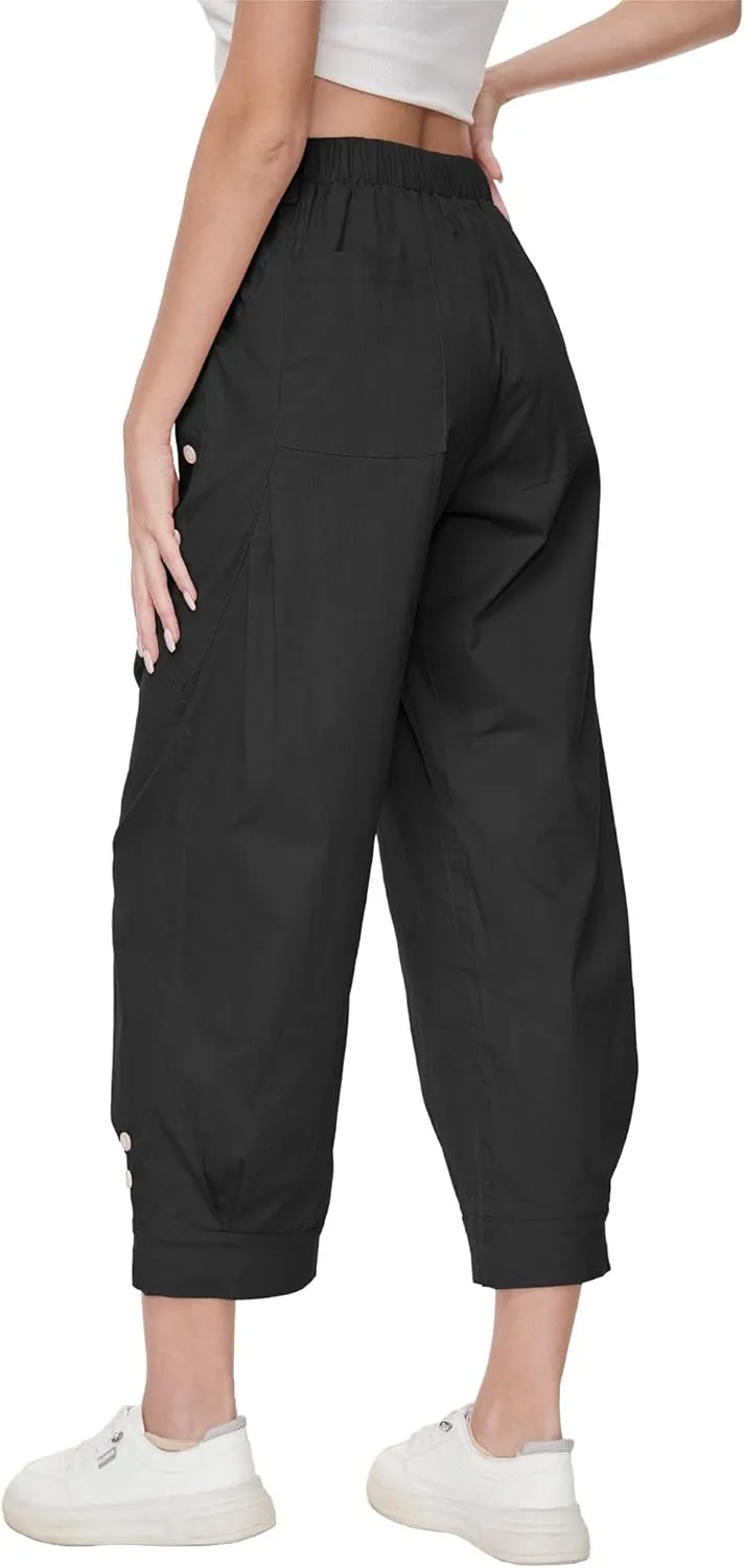 Women Wide Leg Capri Pants Drawstring Elastic Waist Lounge Pants Baggy Cinch Bottom Cropped Trousers with Pockets