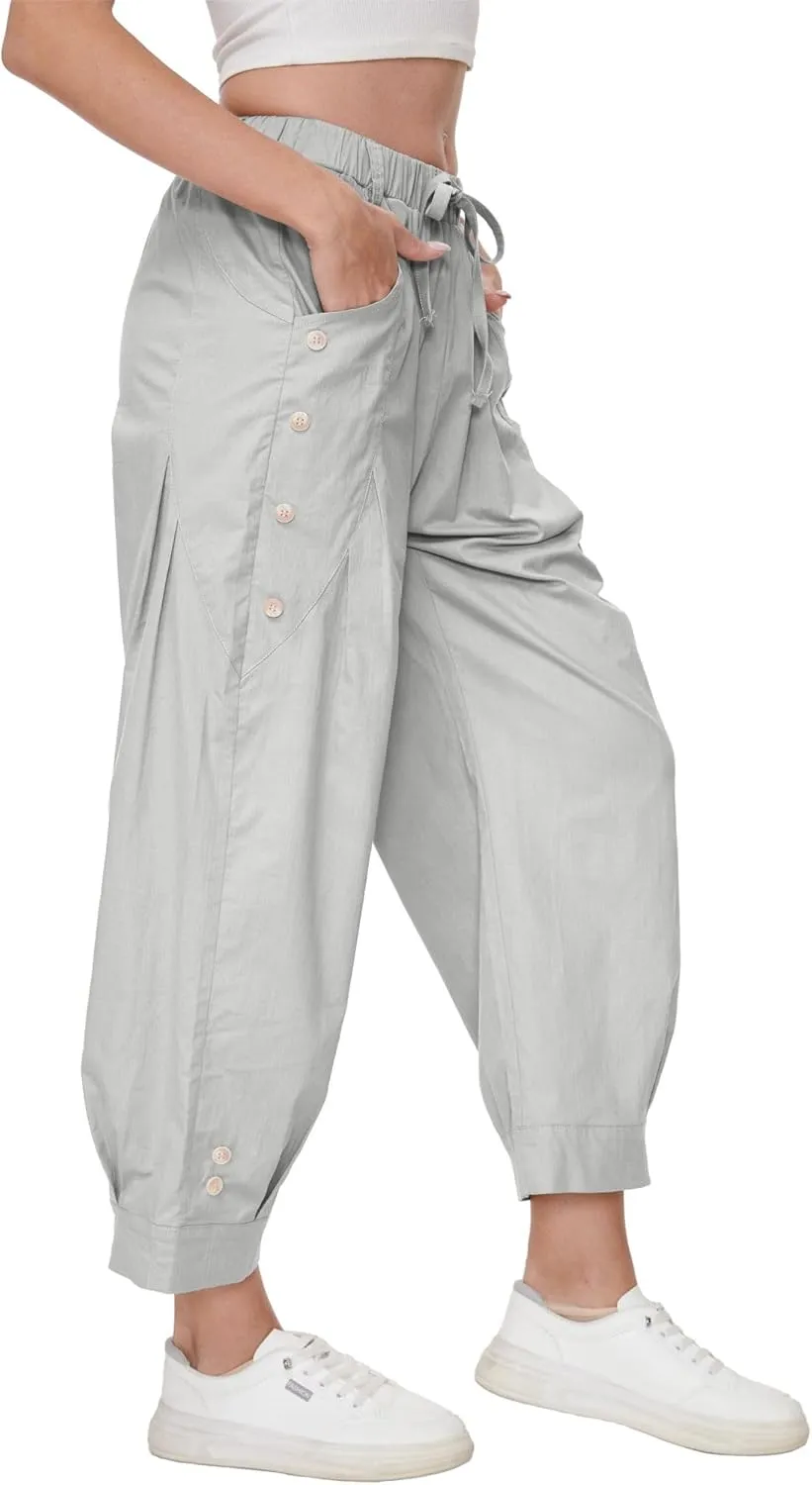 Women Wide Leg Capri Pants Drawstring Elastic Waist Lounge Pants Baggy Cinch Bottom Cropped Trousers with Pockets
