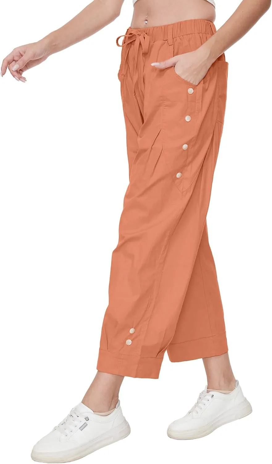 Women Wide Leg Capri Pants Drawstring Elastic Waist Lounge Pants Baggy Cinch Bottom Cropped Trousers with Pockets