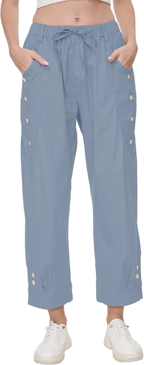 Women Wide Leg Capri Pants Drawstring Elastic Waist Lounge Pants Baggy Cinch Bottom Cropped Trousers with Pockets