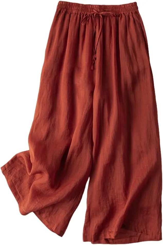 Women Wide Leg Pant Cotton Linen Elastic High Waist Cropped Trousers Solid Color Casual Mosquito Proof Summer Pants