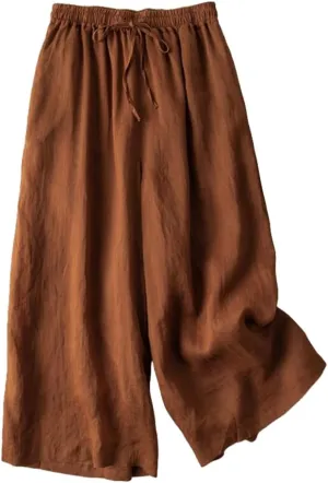 Women Wide Leg Pant Cotton Linen Elastic High Waist Cropped Trousers Solid Color Casual Mosquito Proof Summer Pants