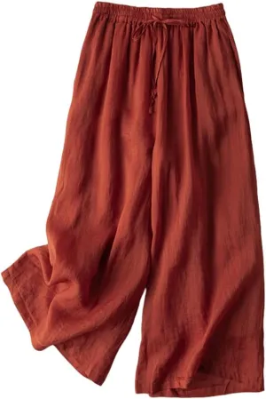 Women Wide Leg Pant Cotton Linen Elastic High Waist Cropped Trousers Solid Color Casual Mosquito Proof Summer Pants