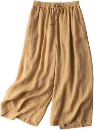 Women Wide Leg Pant Cotton Linen Elastic High Waist Cropped Trousers Solid Color Casual Mosquito Proof Summer Pants