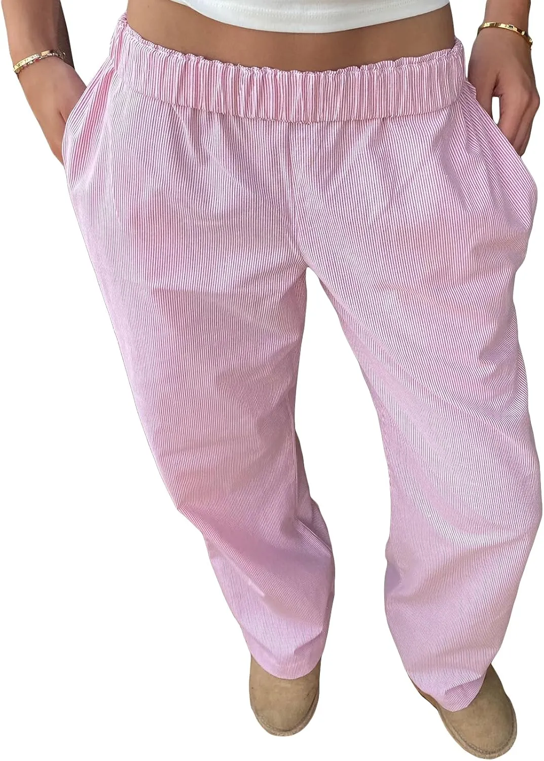 Women Y2k Striped Pants Pinstripe Wide Leg Long Pants High Waist Lounge Pants Straight Trousers Streetwear