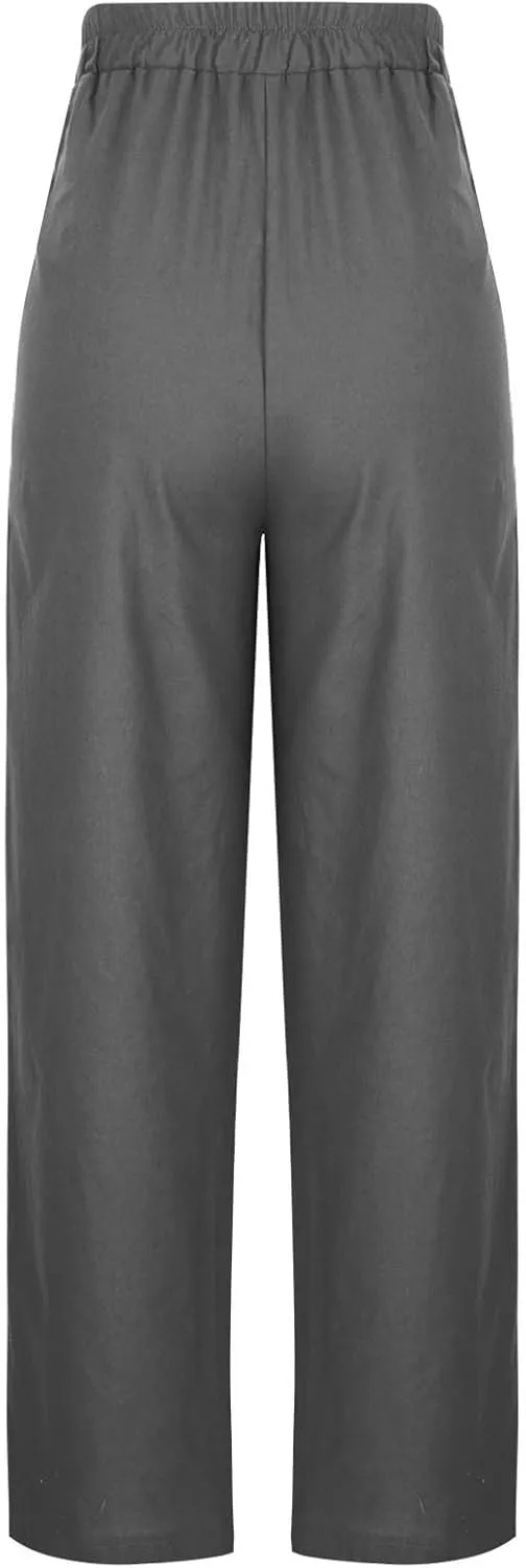 Womens Baggy Cotton Linen Trousers Summer Casual Solid Beach Resort Pants Elastic High Waist Drawstring Wide Leg Pant