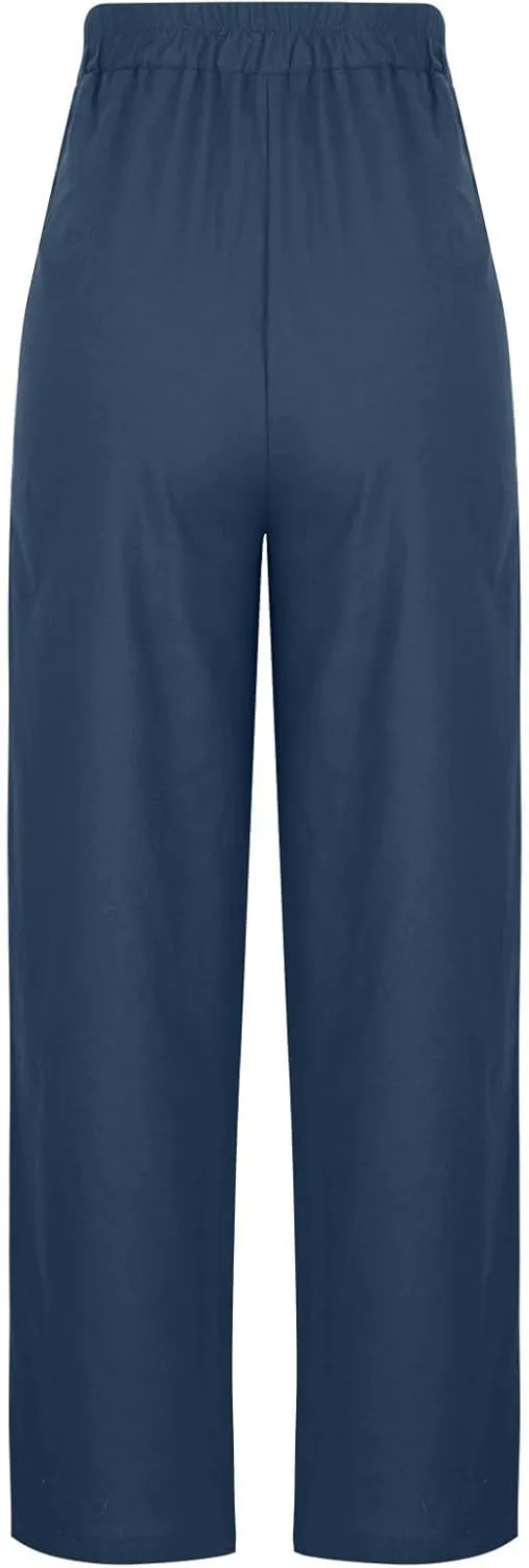 Womens Baggy Cotton Linen Trousers Summer Casual Solid Beach Resort Pants Elastic High Waist Drawstring Wide Leg Pant