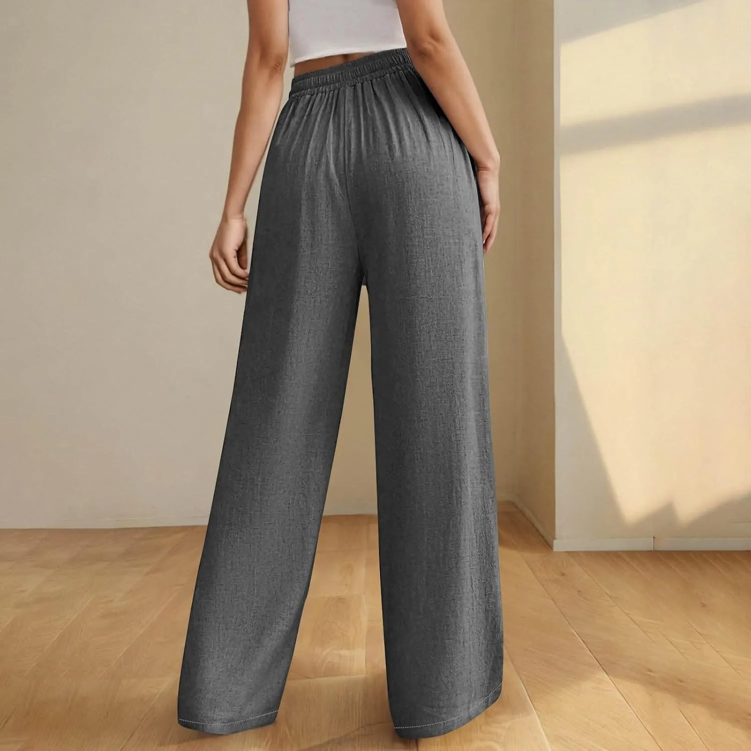 Womens Baggy Cotton Linen Trousers Summer Casual Solid Beach Resort Pants Elastic High Waist Drawstring Wide Leg Pant