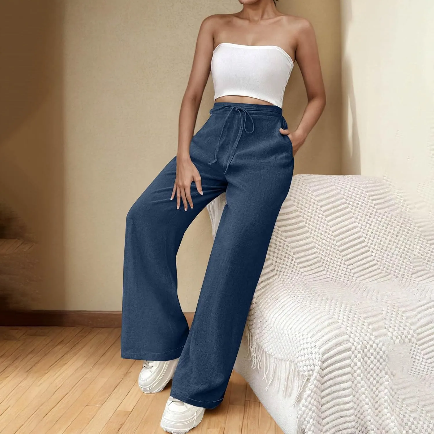 Womens Baggy Cotton Linen Trousers Summer Casual Solid Beach Resort Pants Elastic High Waist Drawstring Wide Leg Pant