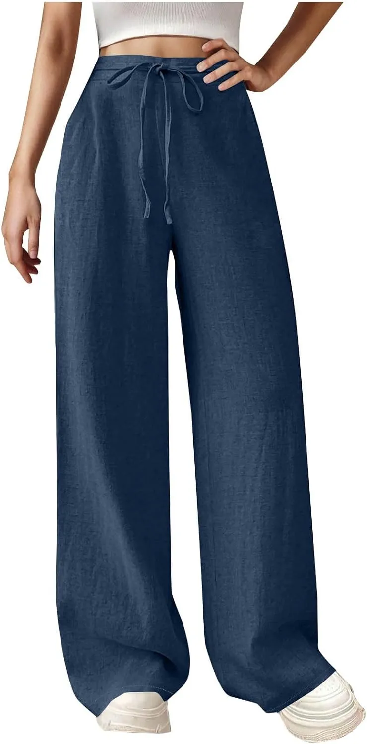 Womens Baggy Cotton Linen Trousers Summer Casual Solid Beach Resort Pants Elastic High Waist Drawstring Wide Leg Pant
