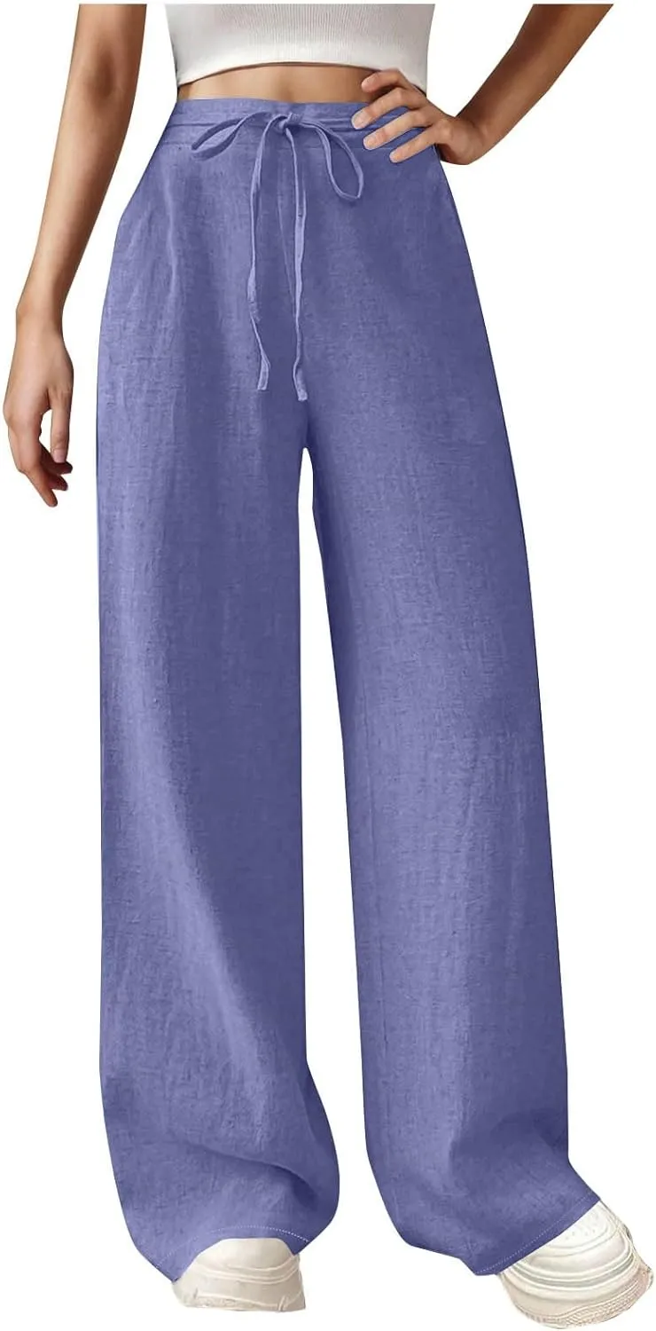 Womens Baggy Cotton Linen Trousers Summer Casual Solid Beach Resort Pants Elastic High Waist Drawstring Wide Leg Pant