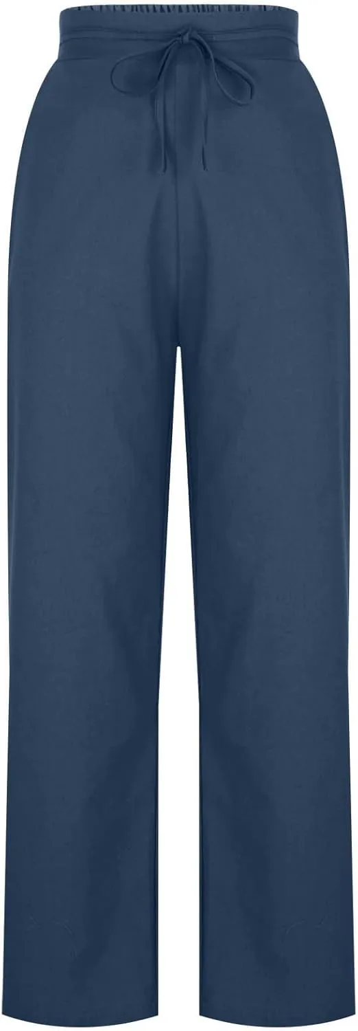 Womens Baggy Cotton Linen Trousers Summer Casual Solid Beach Resort Pants Elastic High Waist Drawstring Wide Leg Pant
