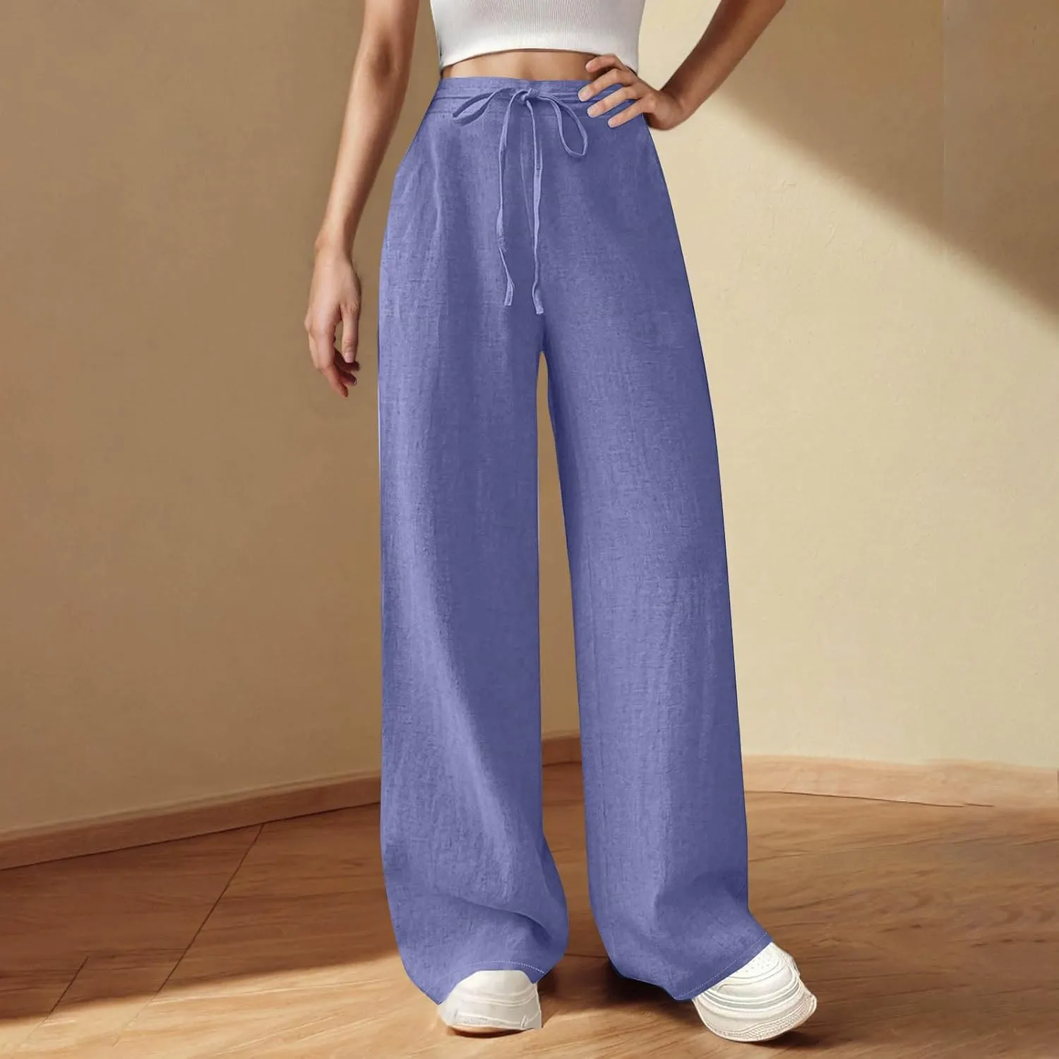 Womens Baggy Cotton Linen Trousers Summer Casual Solid Beach Resort Pants Elastic High Waist Drawstring Wide Leg Pant