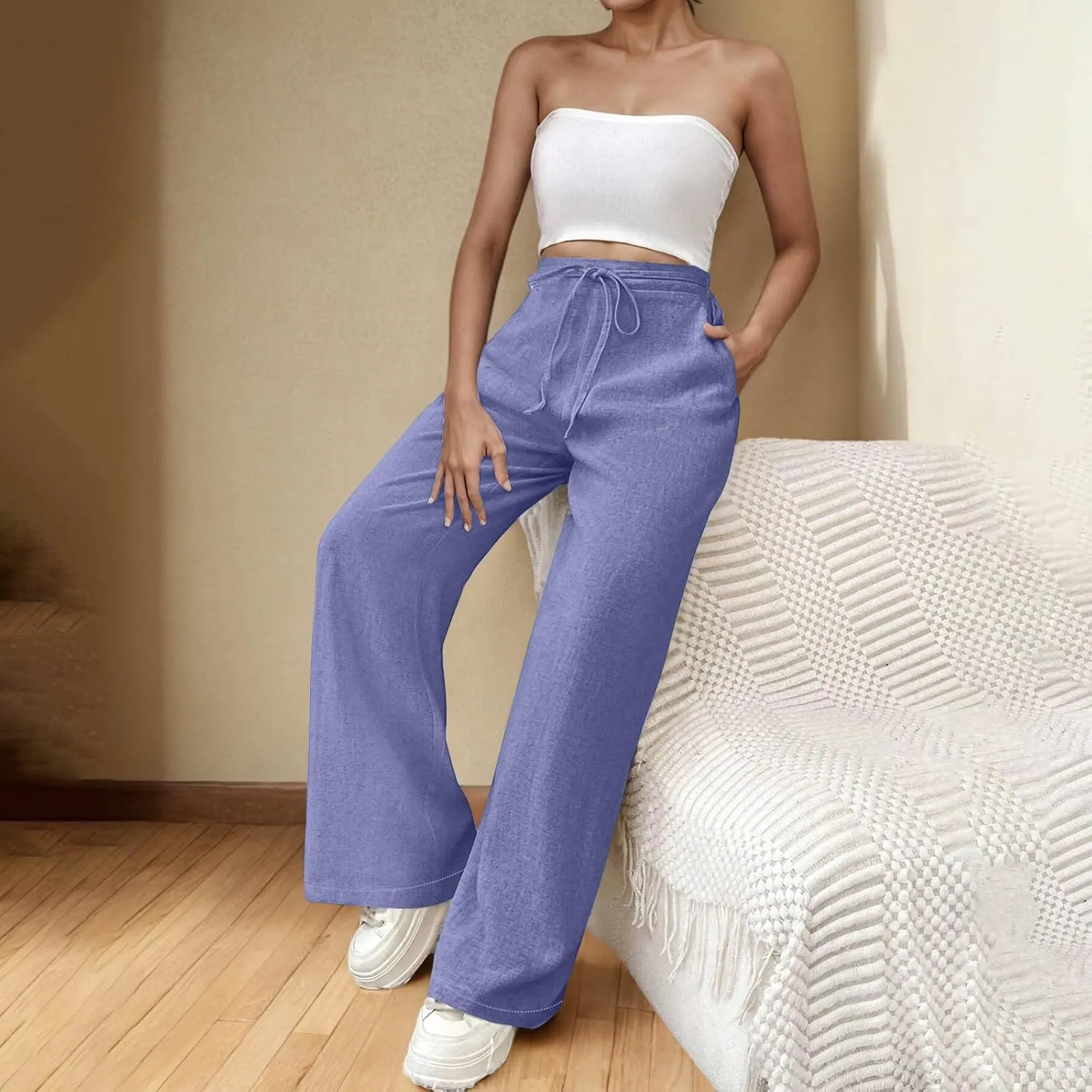 Womens Baggy Cotton Linen Trousers Summer Casual Solid Beach Resort Pants Elastic High Waist Drawstring Wide Leg Pant