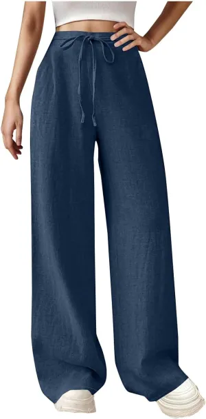 Womens Baggy Cotton Linen Trousers Summer Casual Solid Beach Resort Pants Elastic High Waist Drawstring Wide Leg Pant