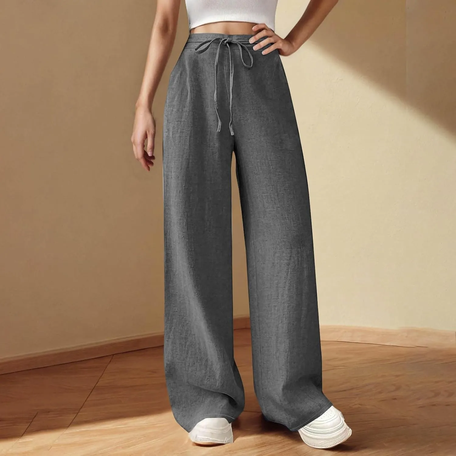 Womens Baggy Cotton Linen Trousers Summer Casual Solid Beach Resort Pants Elastic High Waist Drawstring Wide Leg Pant