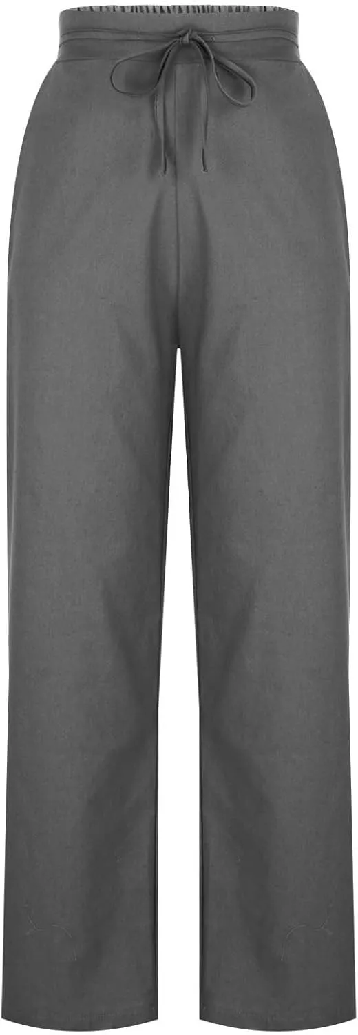 Womens Baggy Cotton Linen Trousers Summer Casual Solid Beach Resort Pants Elastic High Waist Drawstring Wide Leg Pant