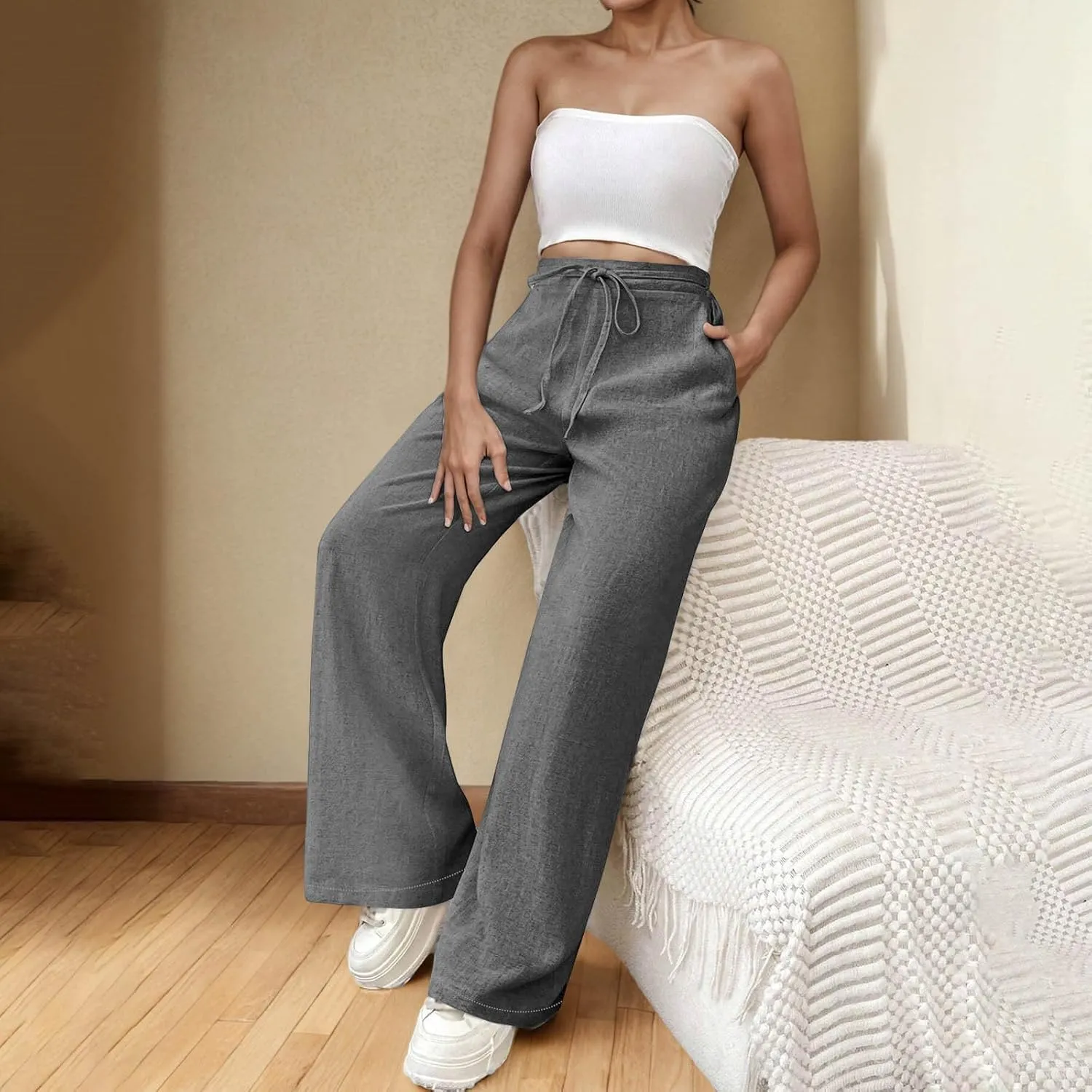 Womens Baggy Cotton Linen Trousers Summer Casual Solid Beach Resort Pants Elastic High Waist Drawstring Wide Leg Pant