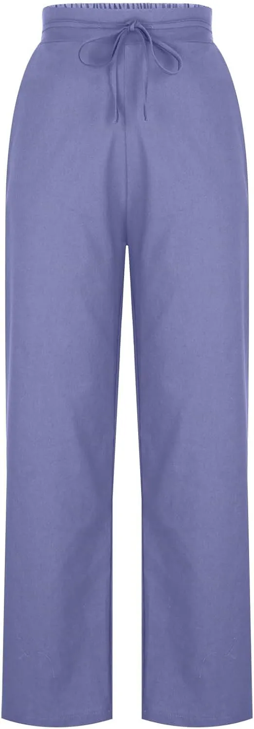 Womens Baggy Cotton Linen Trousers Summer Casual Solid Beach Resort Pants Elastic High Waist Drawstring Wide Leg Pant