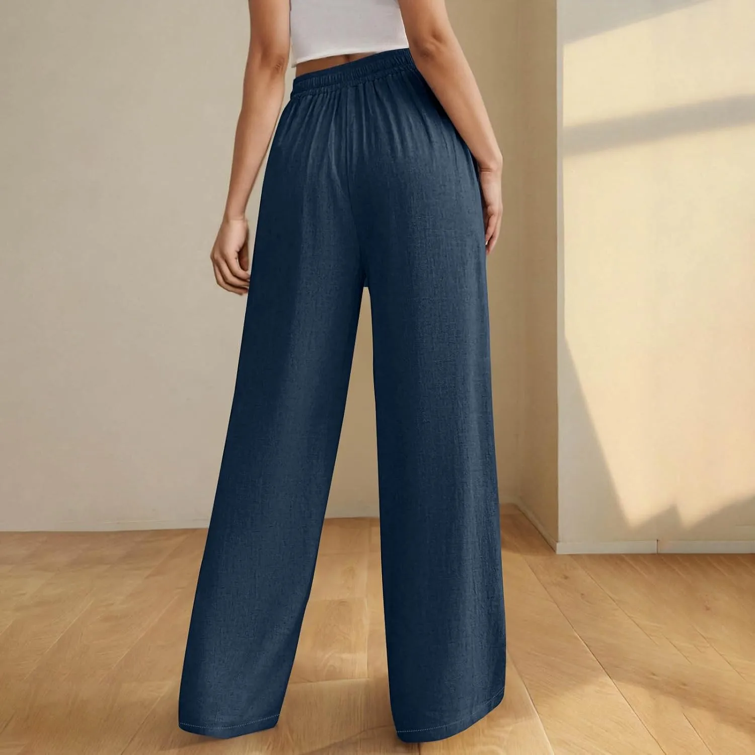 Womens Baggy Cotton Linen Trousers Summer Casual Solid Beach Resort Pants Elastic High Waist Drawstring Wide Leg Pant