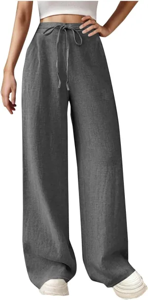 Womens Baggy Cotton Linen Trousers Summer Casual Solid Beach Resort Pants Elastic High Waist Drawstring Wide Leg Pant