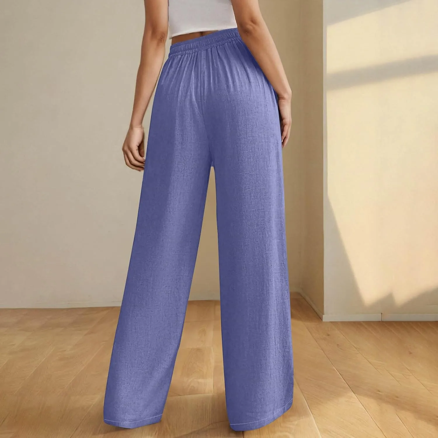 Womens Baggy Cotton Linen Trousers Summer Casual Solid Beach Resort Pants Elastic High Waist Drawstring Wide Leg Pant