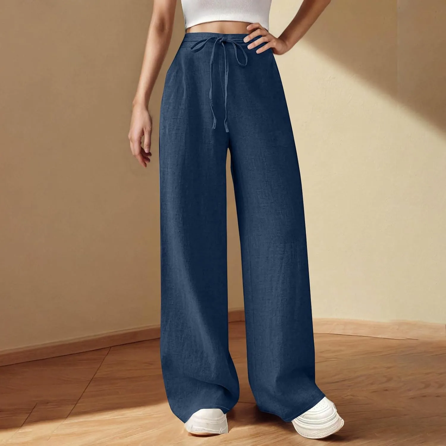 Womens Baggy Cotton Linen Trousers Summer Casual Solid Beach Resort Pants Elastic High Waist Drawstring Wide Leg Pant