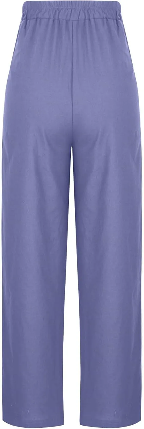 Womens Baggy Cotton Linen Trousers Summer Casual Solid Beach Resort Pants Elastic High Waist Drawstring Wide Leg Pant