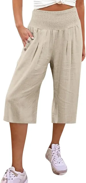 Womens Capri Pants Jeans Elastic Waist Button Loose Cargo Pants for Women Stretch Petite Summer Capris Linen Cotton