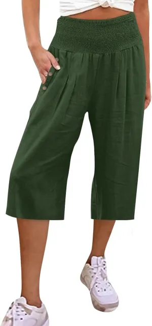 Womens Capri Pants Jeans Elastic Waist Button Loose Cargo Pants for Women Stretch Petite Summer Capris Linen Cotton