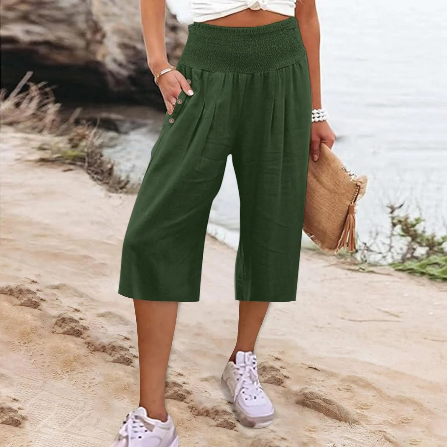 Womens Capri Pants Jeans Elastic Waist Button Loose Cargo Pants for Women Stretch Petite Summer Capris Linen Cotton