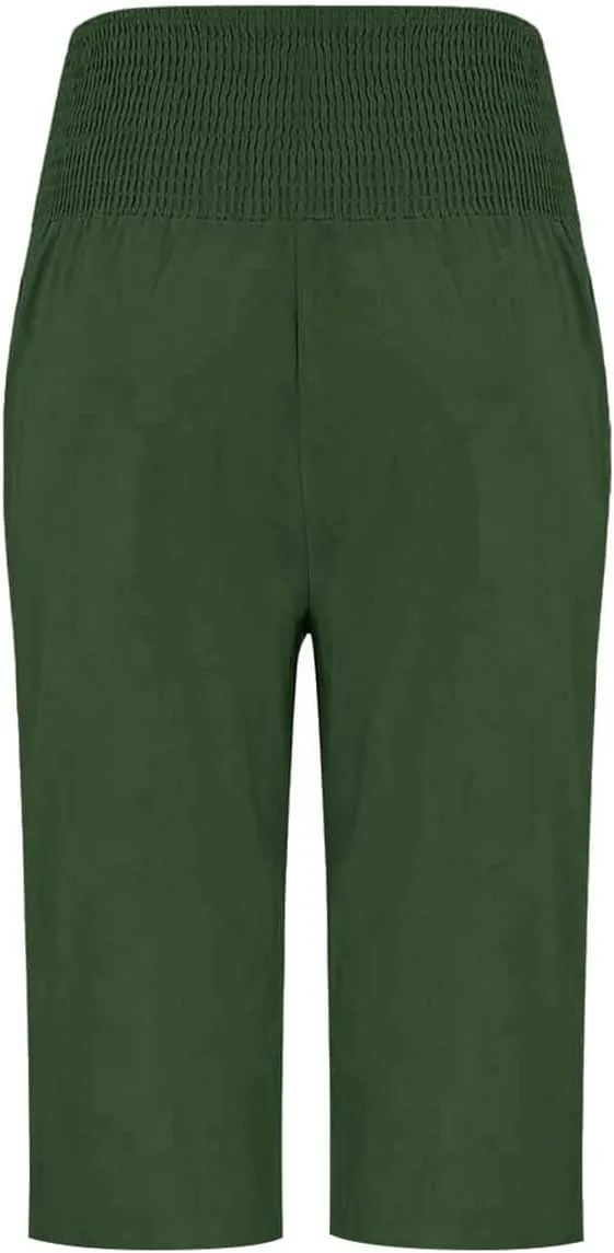 Womens Capri Pants Jeans Elastic Waist Button Loose Cargo Pants for Women Stretch Petite Summer Capris Linen Cotton