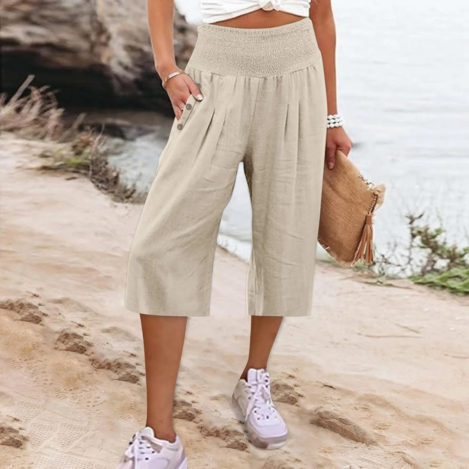 Womens Capri Pants Jeans Elastic Waist Button Loose Cargo Pants for Women Stretch Petite Summer Capris Linen Cotton