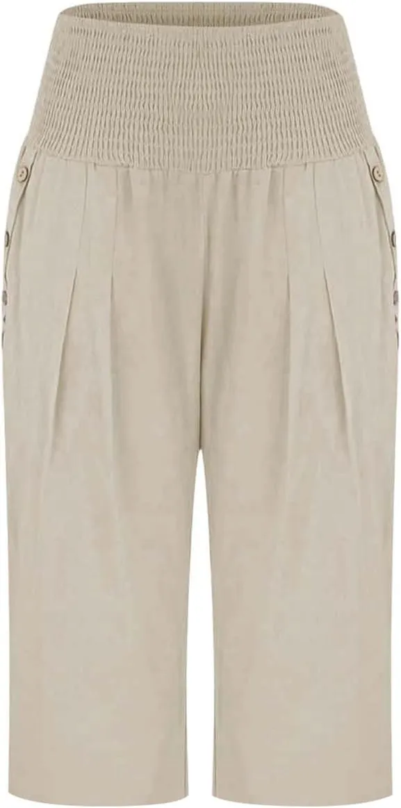 Womens Capri Pants Jeans Elastic Waist Button Loose Cargo Pants for Women Stretch Petite Summer Capris Linen Cotton
