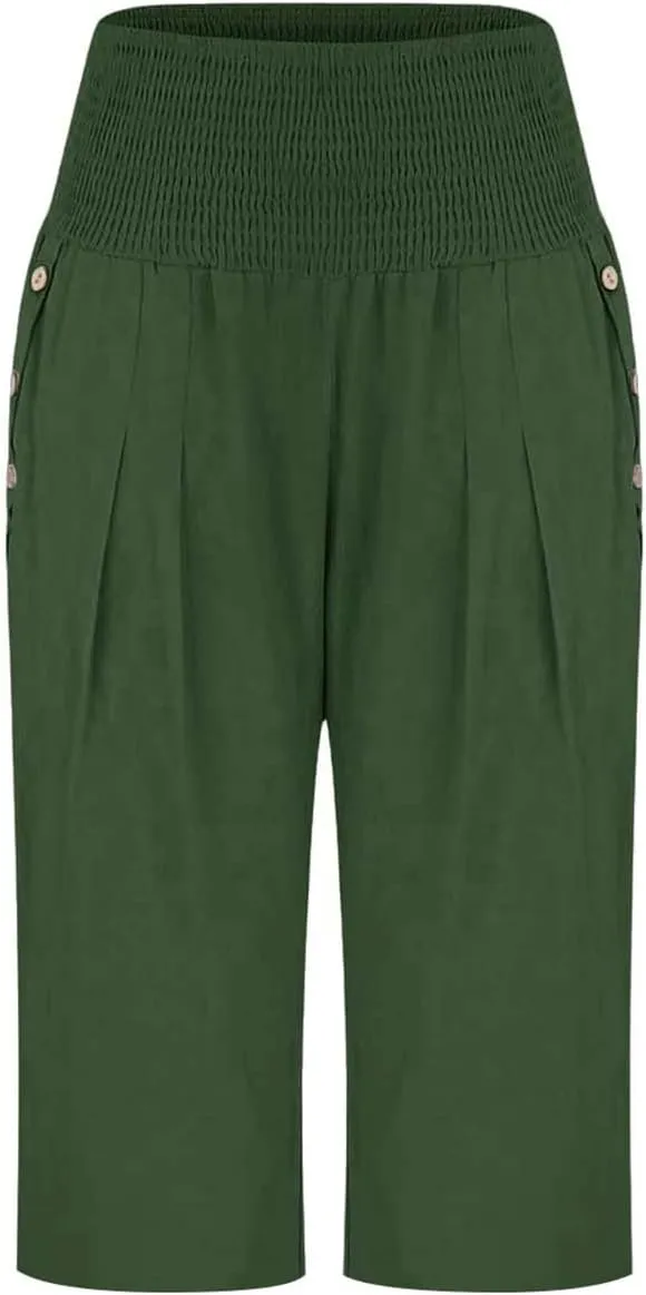 Womens Capri Pants Jeans Elastic Waist Button Loose Cargo Pants for Women Stretch Petite Summer Capris Linen Cotton