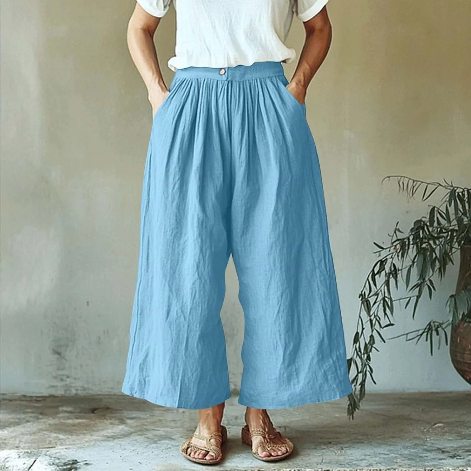Womens Capri Pants with Pockets 2025 Summer Casual Wide Leg Trousers Cotton Linen Loose Lightweight Beach Pants Light Blue 2X