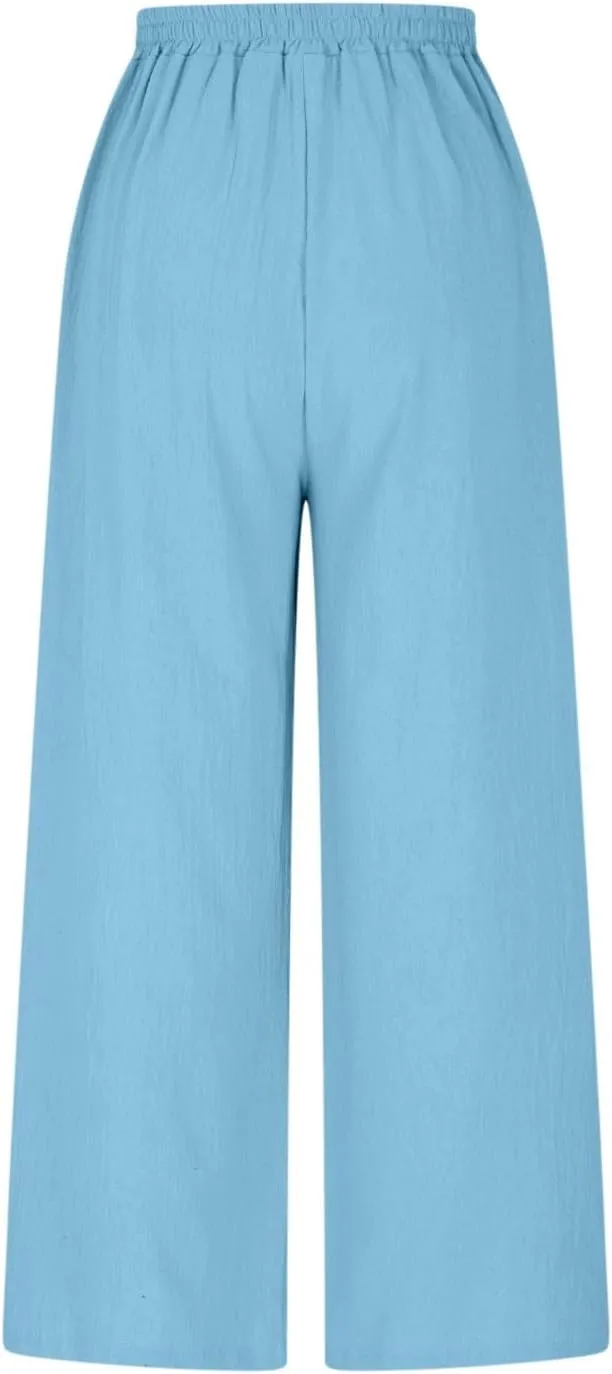 Womens Capri Pants with Pockets 2025 Summer Casual Wide Leg Trousers Cotton Linen Loose Lightweight Beach Pants Light Blue 2X
